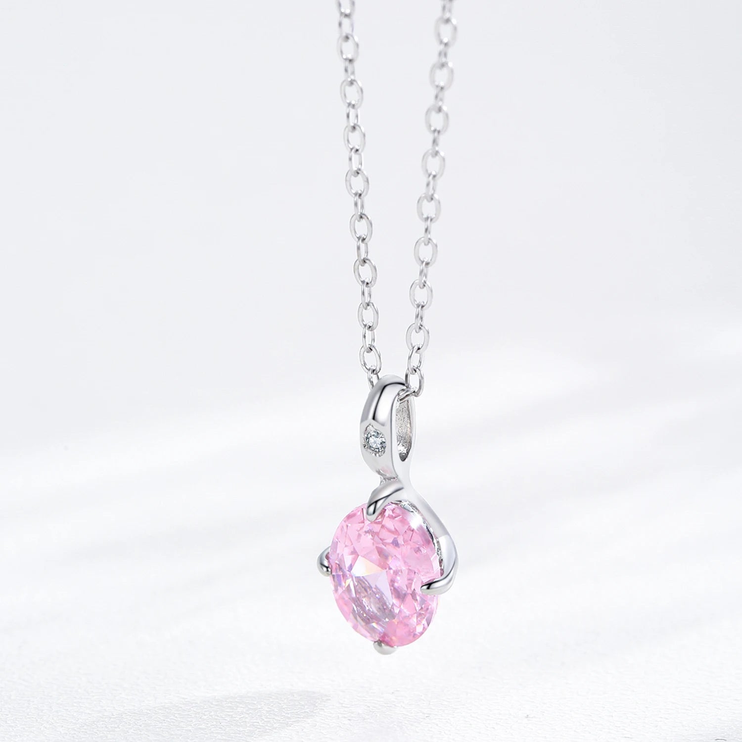 925 Sterling Silver Pink Oval CZ Pendant Necklace