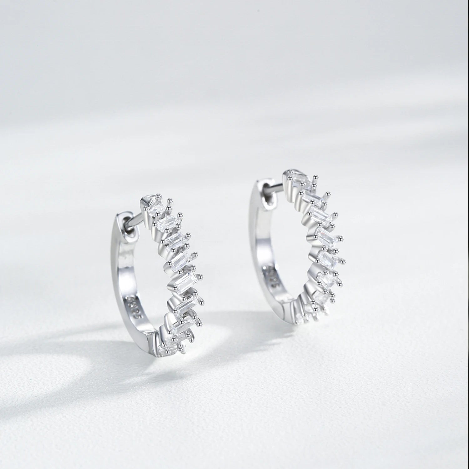 925 Sterling Silver Geometric CZ Hoop Earrings