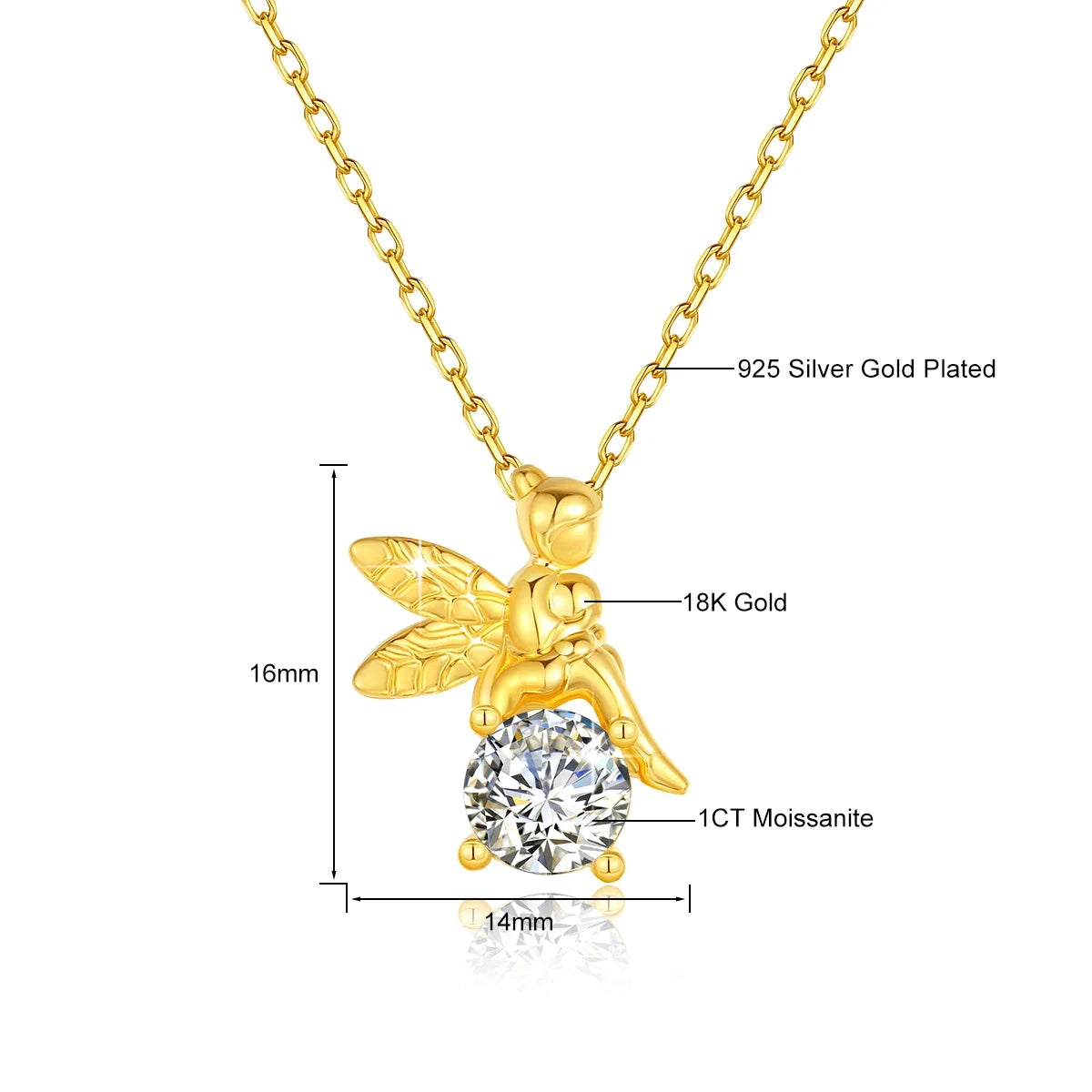 18K Gold 1ct Moissanite Angel Pendant Necklace