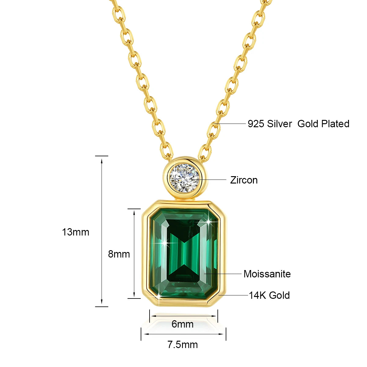 14K Gold Black Moissanite Emerald Cut Pendant Necklace – 2ct Certified