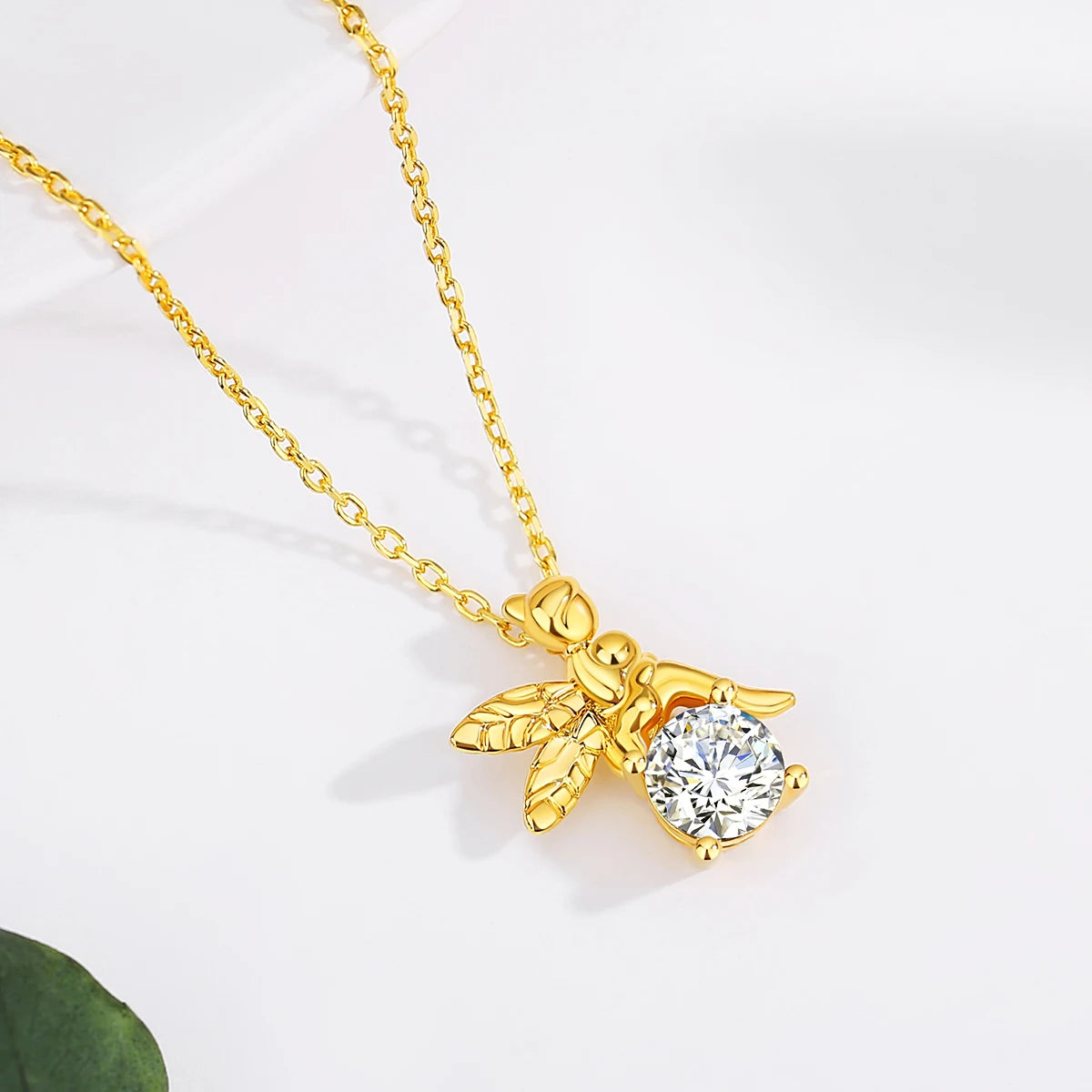 18K Gold 1ct Moissanite Angel Pendant Necklace