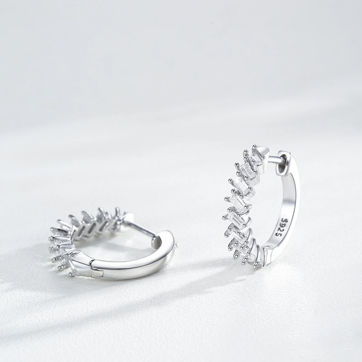 925 Sterling Silver Geometric CZ Hoop Earrings