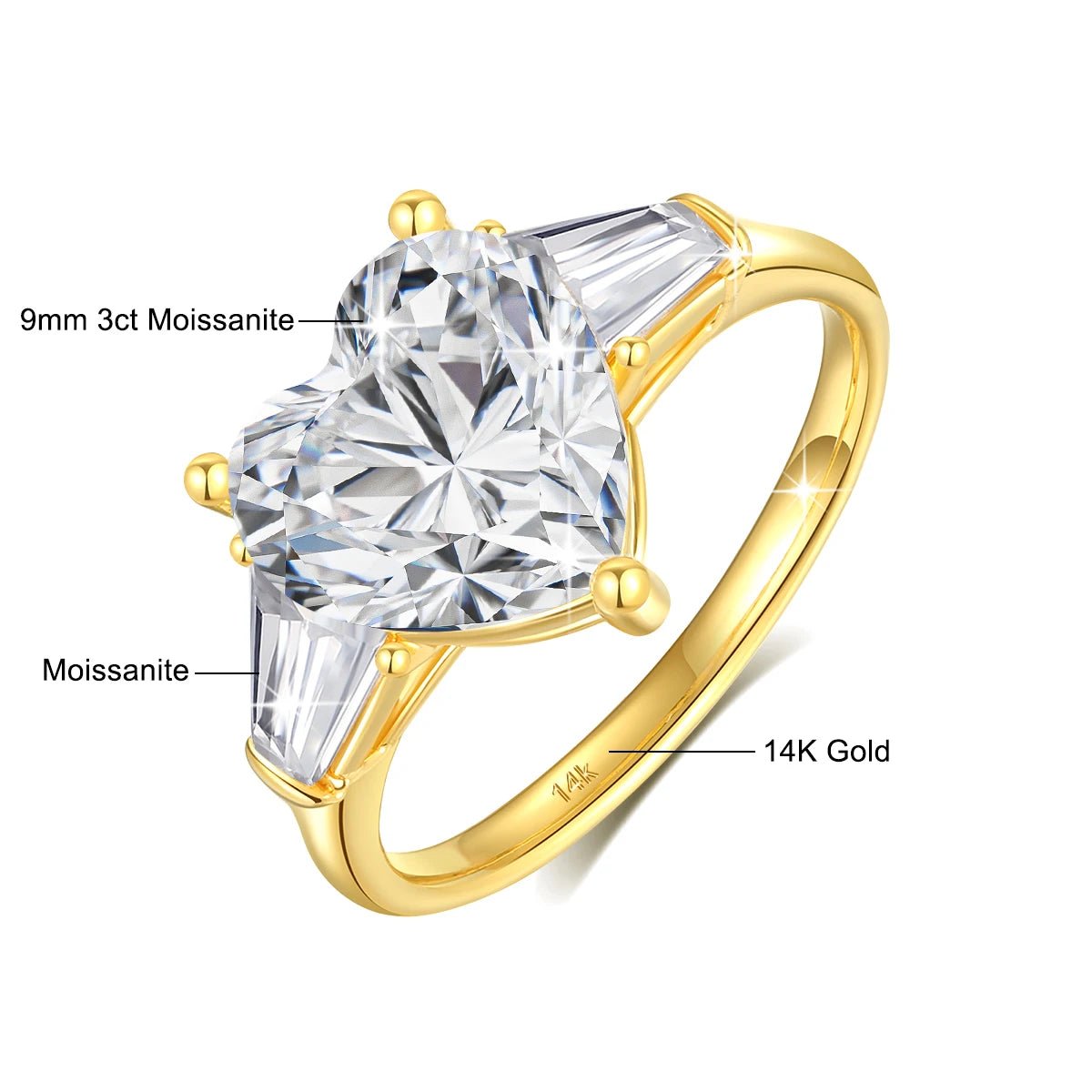 14K Gold Heart Moissanite Ring – 3ct Certified