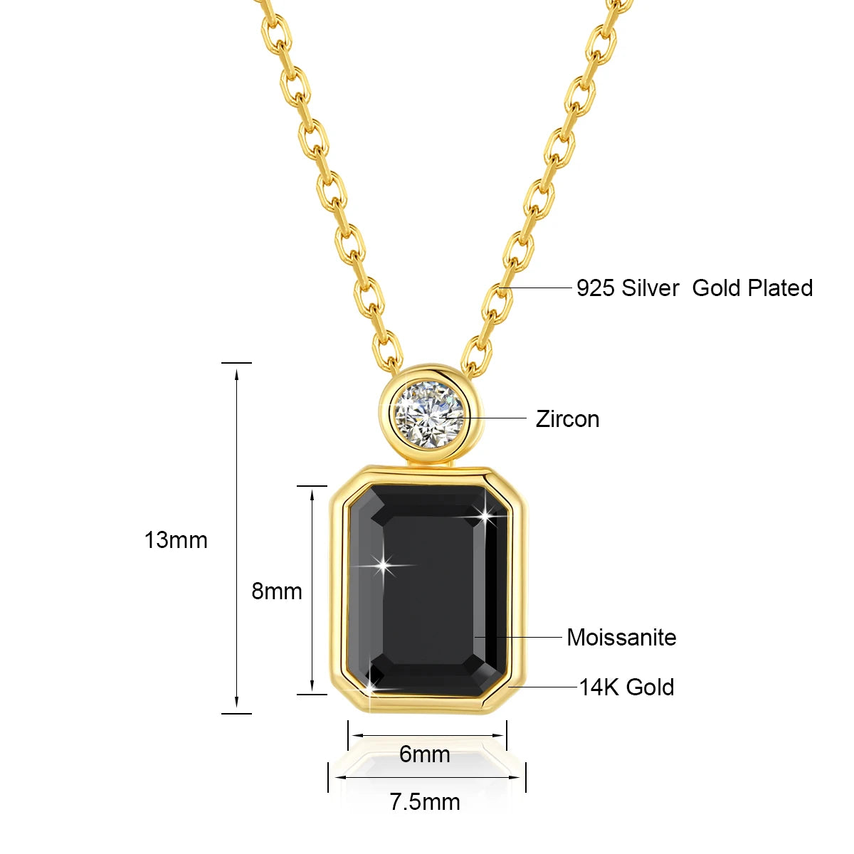 14K Gold Black Moissanite Emerald Cut Pendant Necklace – 2ct Certified