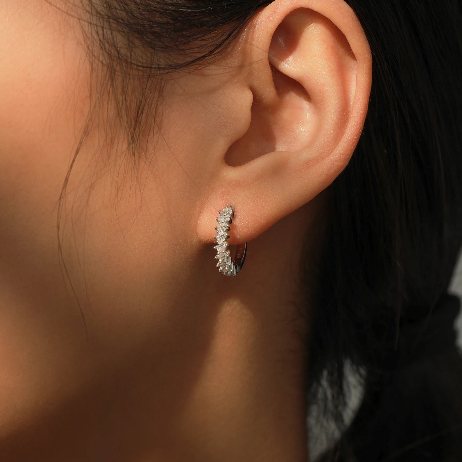 925 Sterling Silver Geometric CZ Hoop Earrings