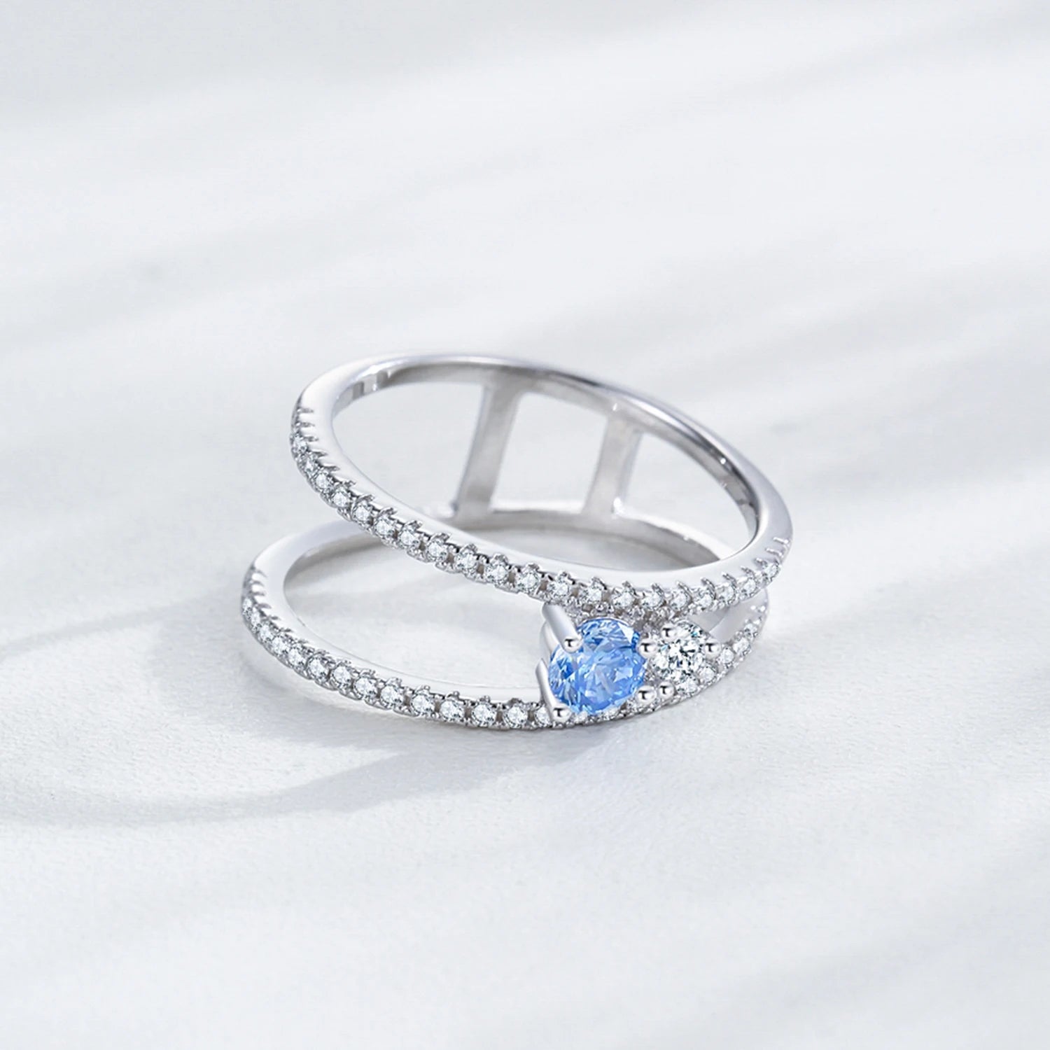 925 Sterling Silver Double Layer Blue & White CZ Ring