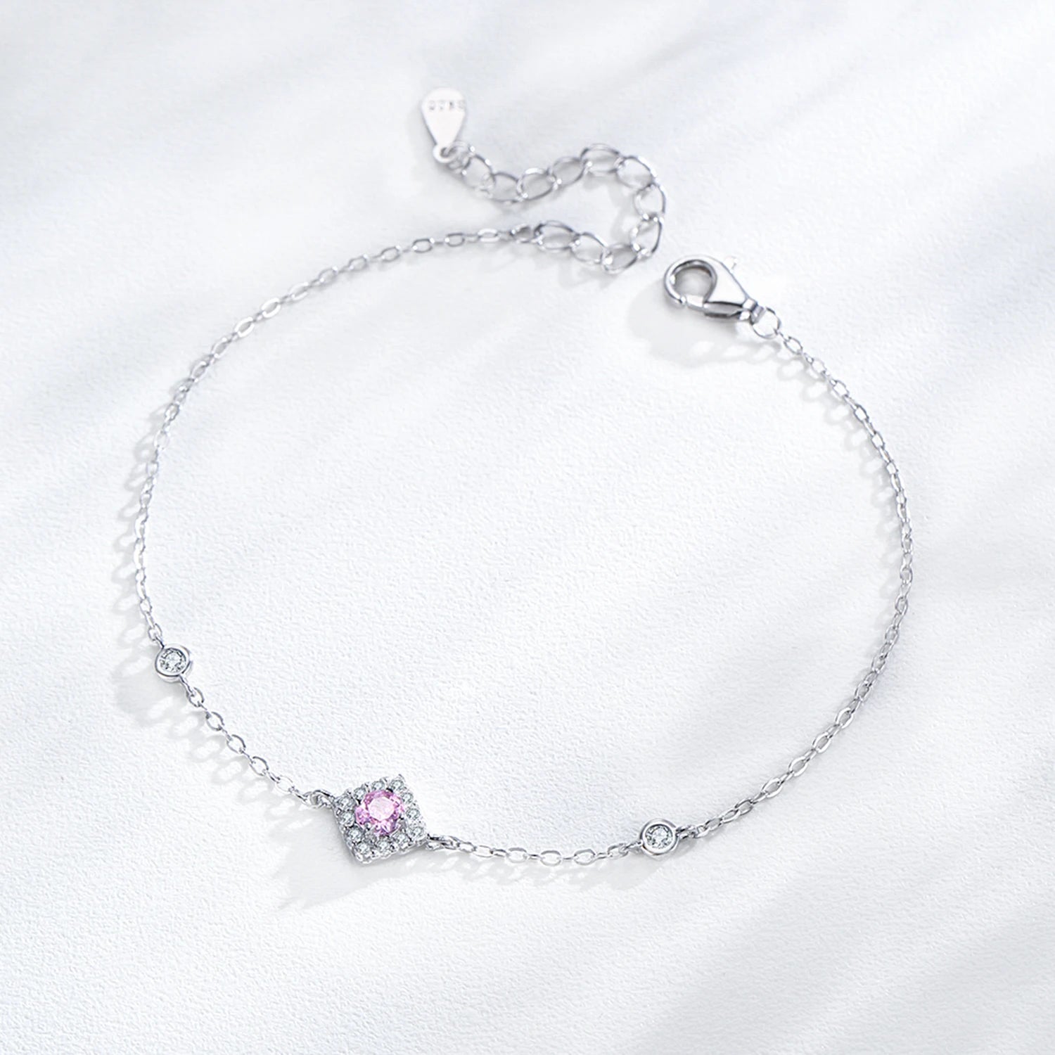 925 Sterling Silver Pink Zircon Chain Bracelet