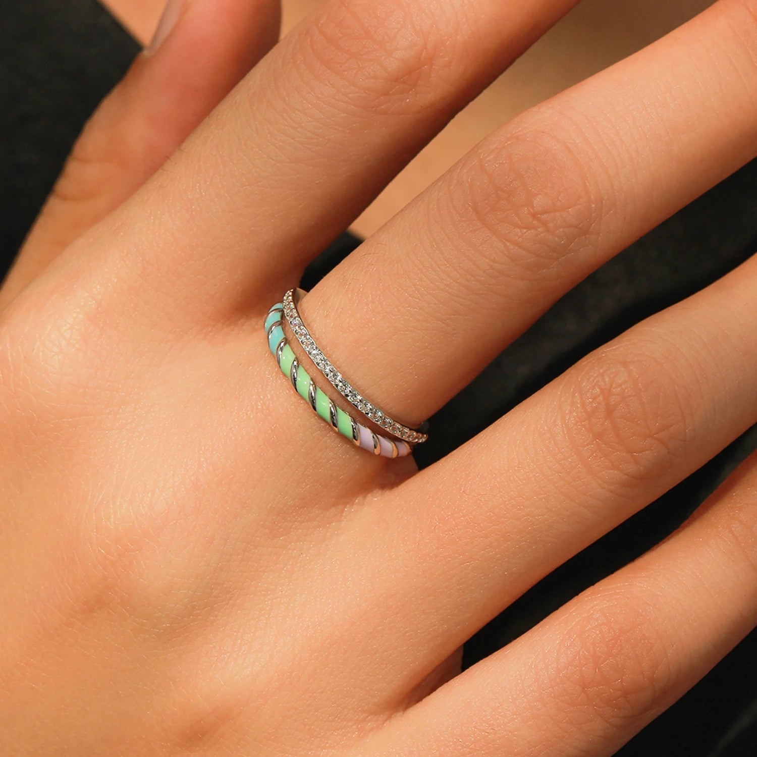 925 Sterling Silver Multicolor Enamel CZ Ring