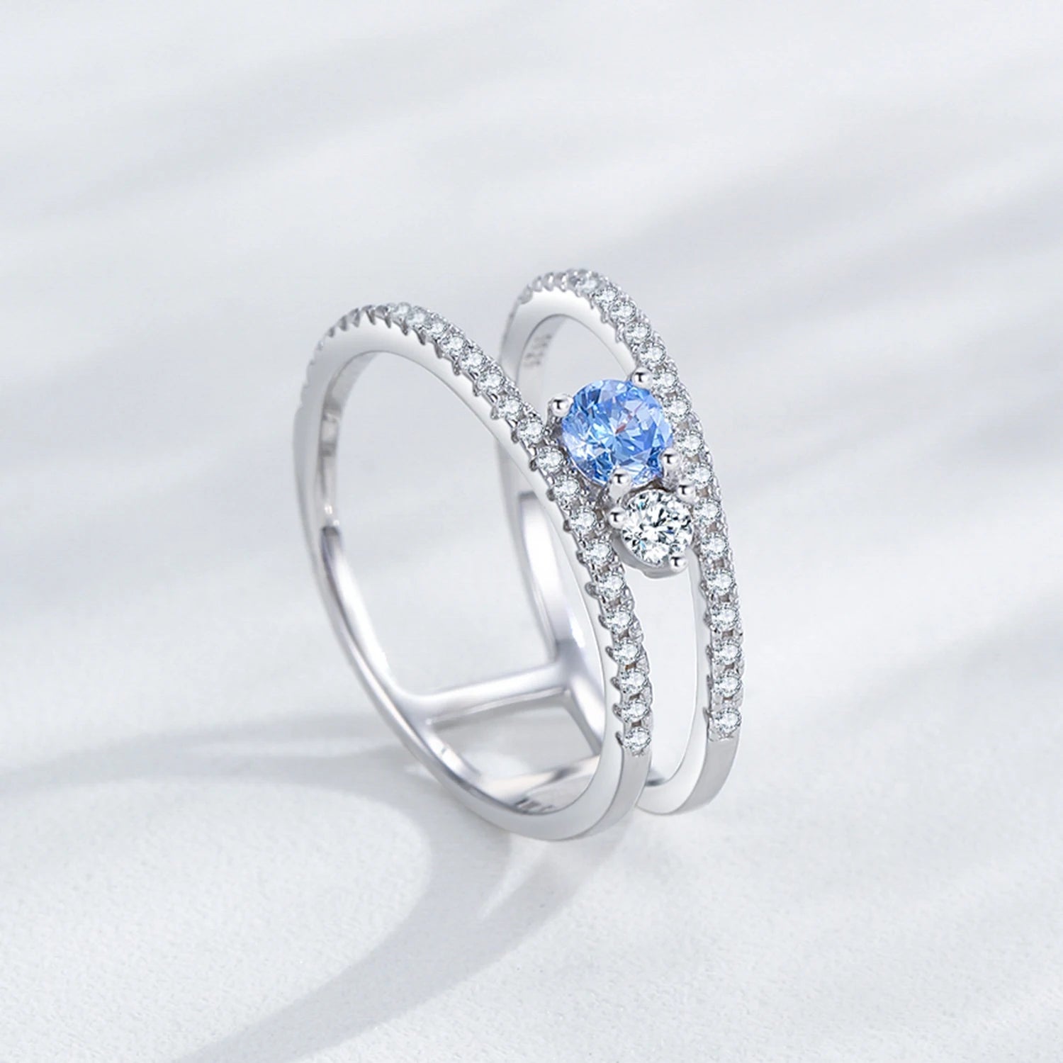 925 Sterling Silver Double Layer Blue & White CZ Ring