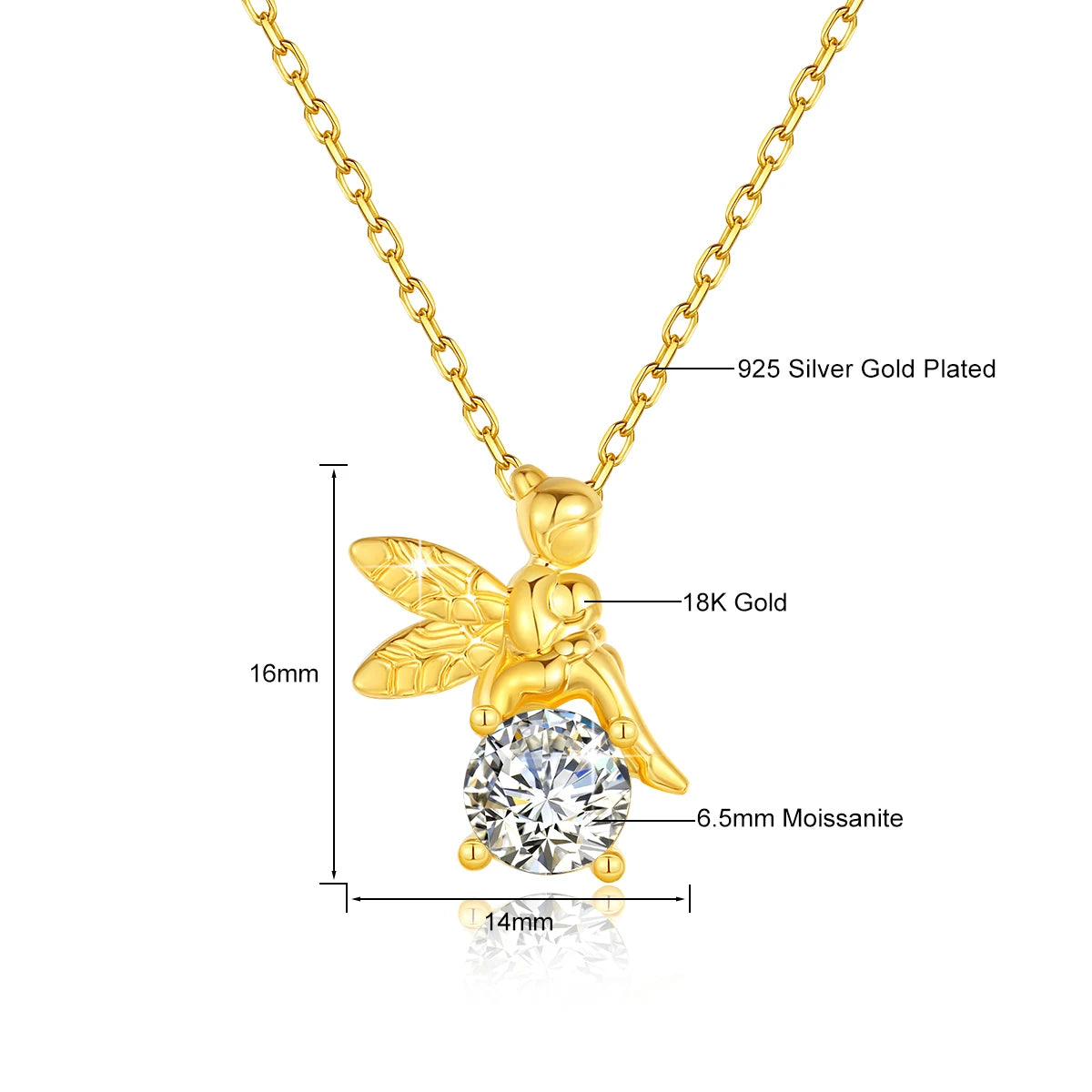 18K Gold 1ct Moissanite Angel Pendant Necklace