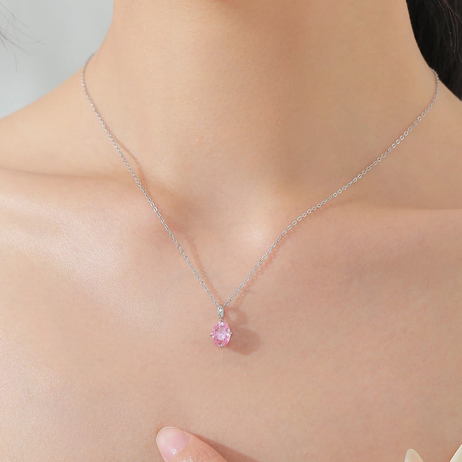 925 Sterling Silver Pink Oval CZ Pendant Necklace