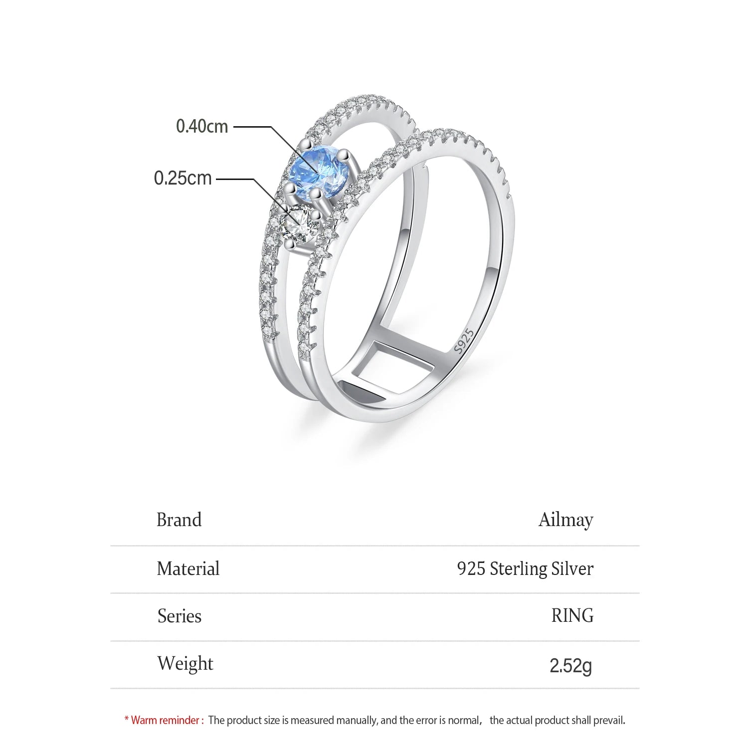 925 Sterling Silver Double Layer Blue & White CZ Ring