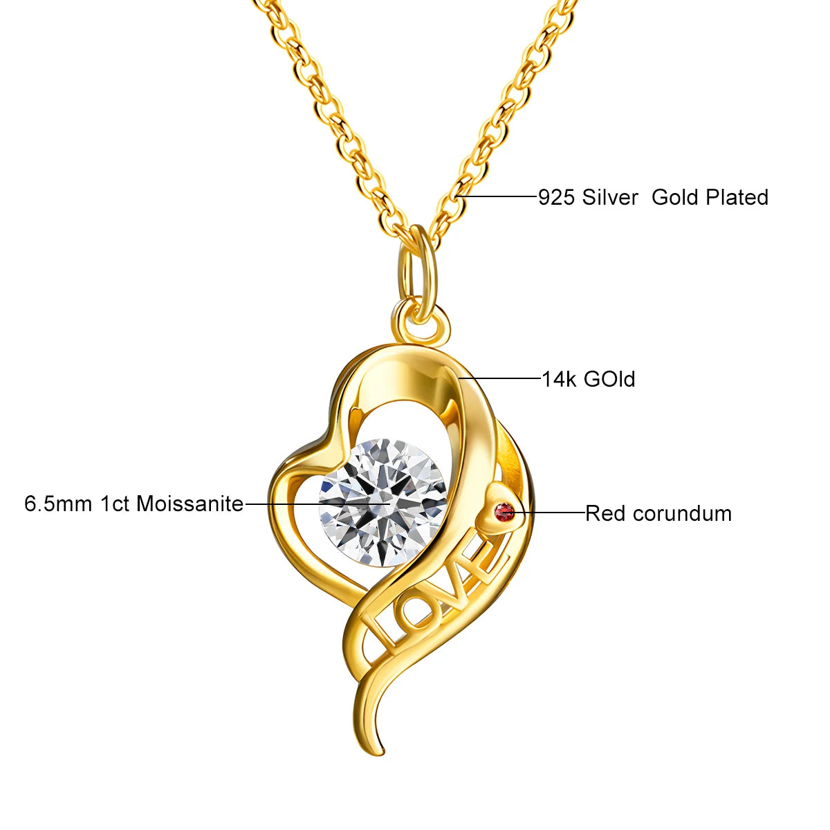 14K Gold Heart Moissanite Pendant Necklace – 0.5ct Certified
