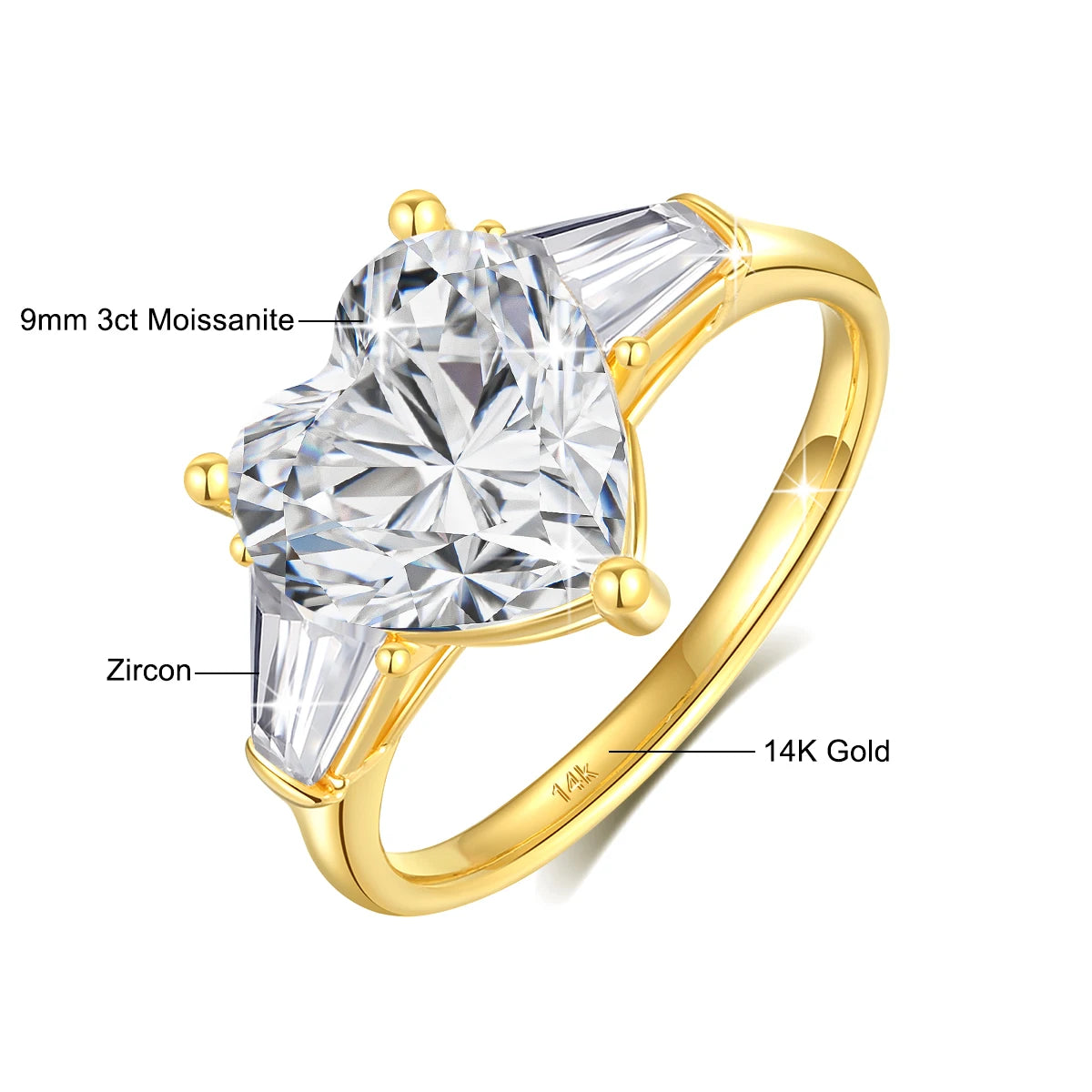 14K Gold Heart Moissanite Ring – 3ct Certified