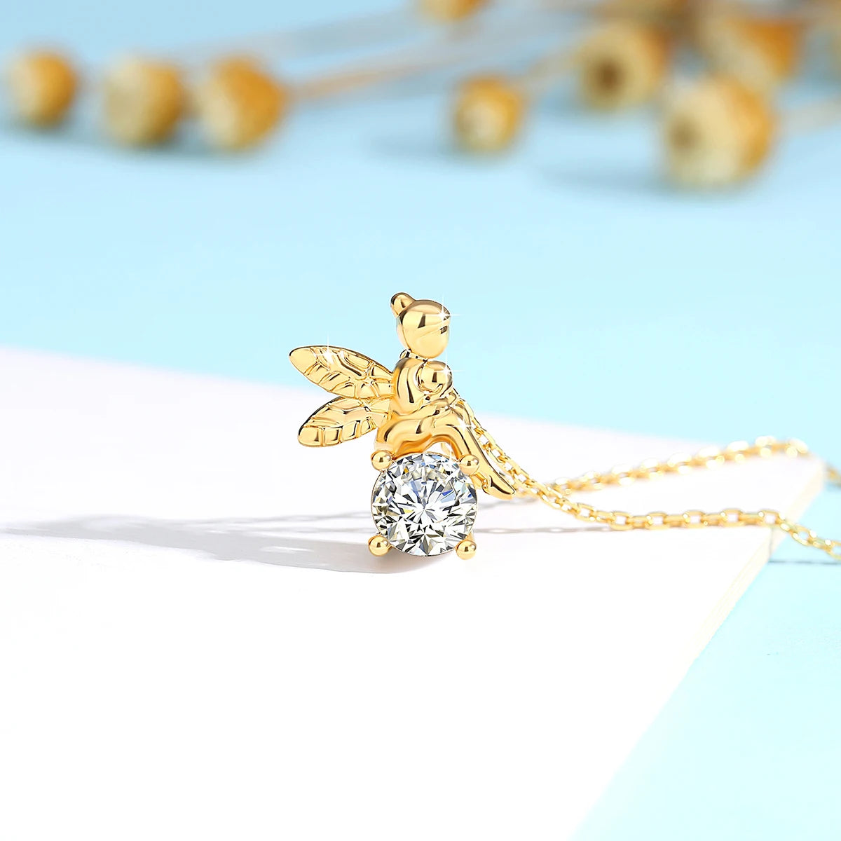 18K Gold 1ct Moissanite Angel Pendant Necklace