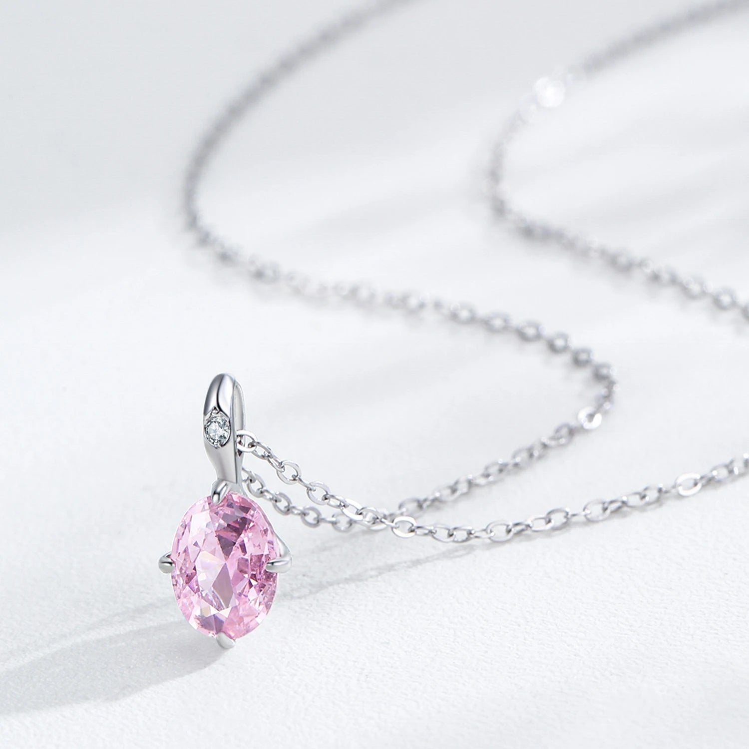 925 Sterling Silver Pink Oval CZ Pendant Necklace