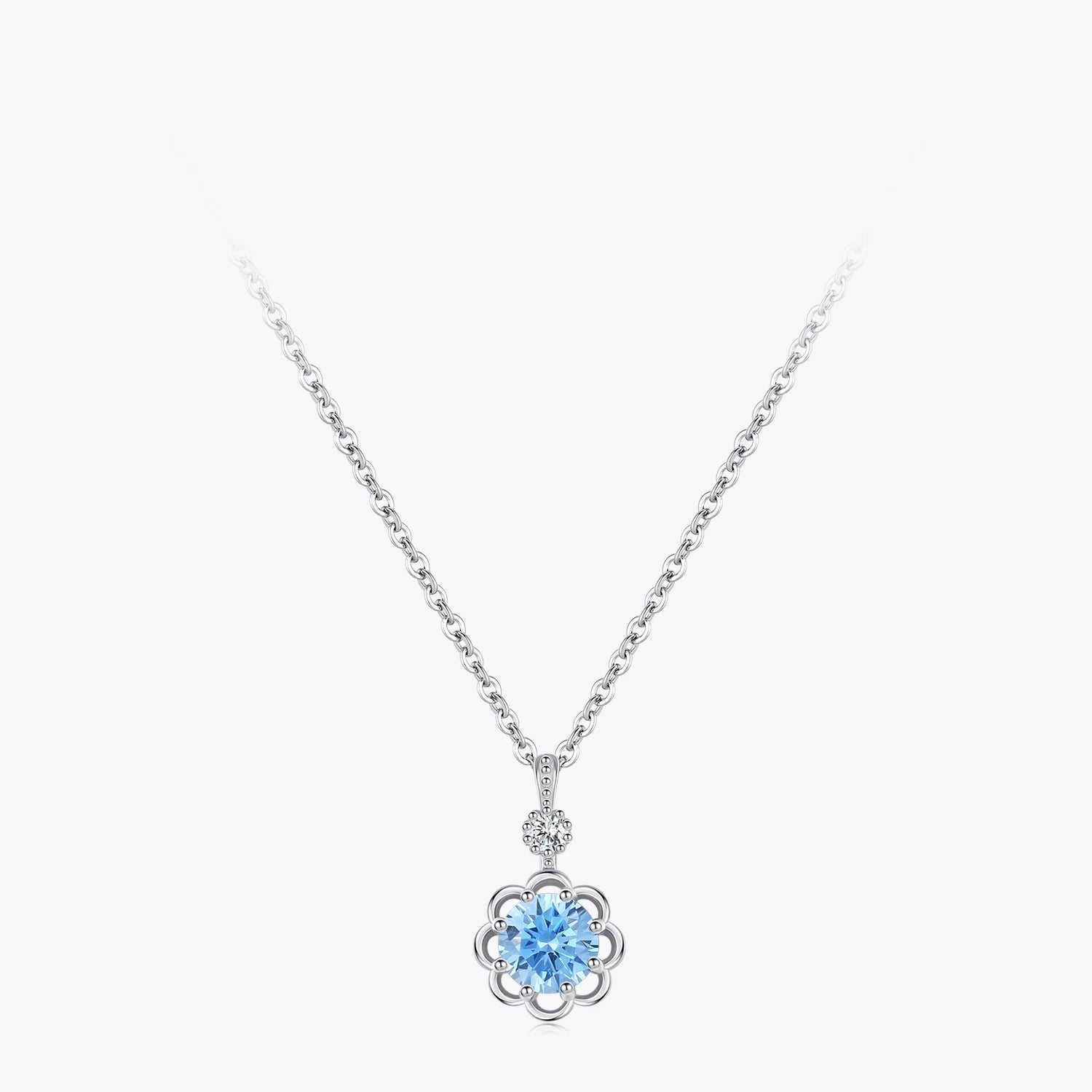 925 Sterling Silver Blue Zircon Flower Pendant Necklace