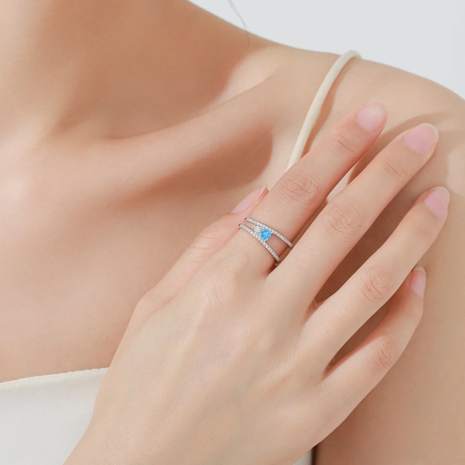 925 Sterling Silver Double Layer Blue & White CZ Ring